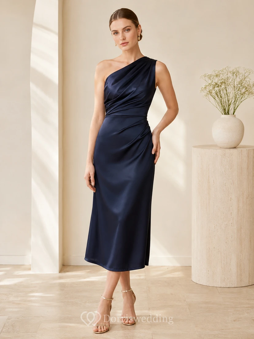 Dark Navy One-Shoulder Satin Ceremony Guest Dress