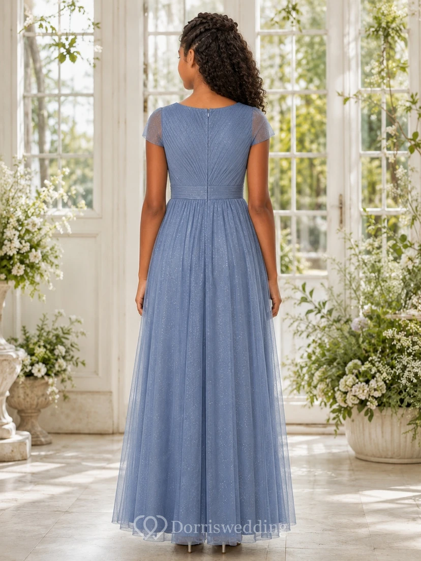 Vestido de dama de honor juvenil azul pizarra, corte en A, escote en V, manga corta, tul, detalle de lentejuelas, elegante. view 2
