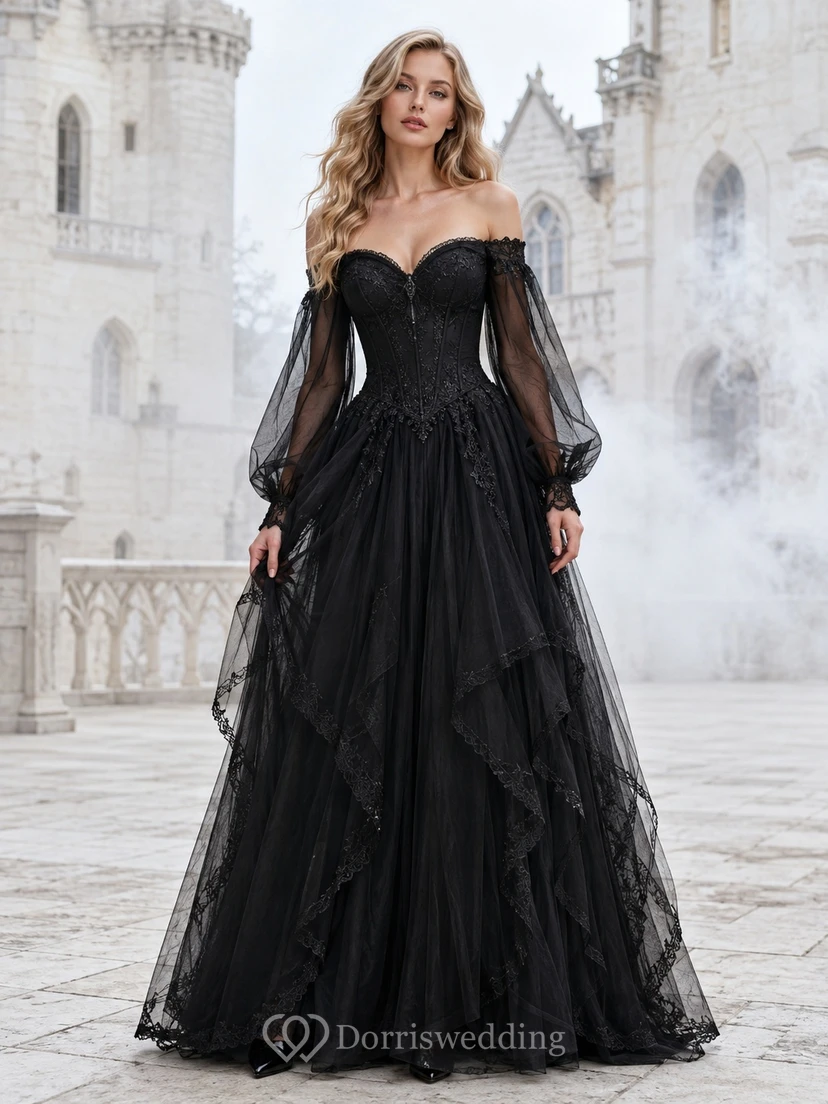 Black Off-the-shoulder Long-Sleeve Tulle Ball-Gown Floor-length Sweep Tiered Evening Gown
