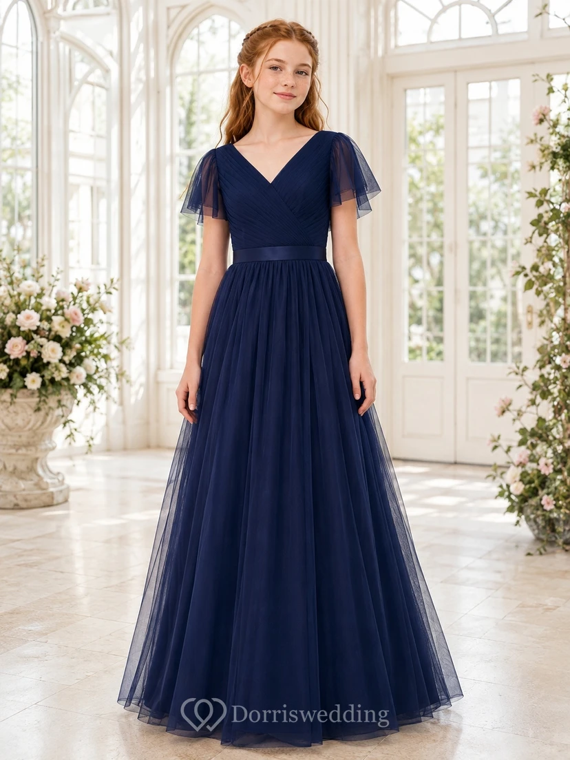 Dunkelblaues Brautjungfernkleid für junge Damen, A-Linie, V-Ausschnitt, kurze Ärmel, aus elegantem Chiffon mit Blütenblattmuster