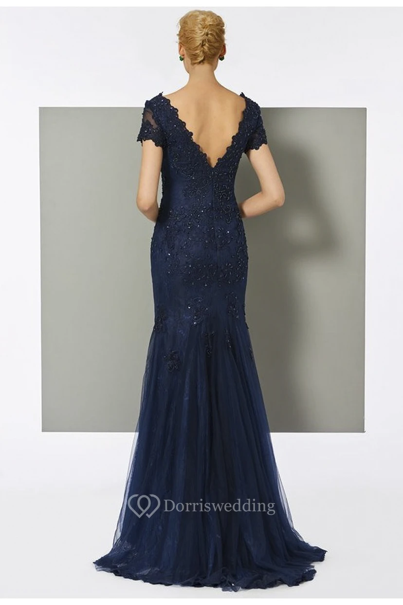 V-neck Tulle Short Sleeve Mermaid Gown With Beading And Sweep Train view 2