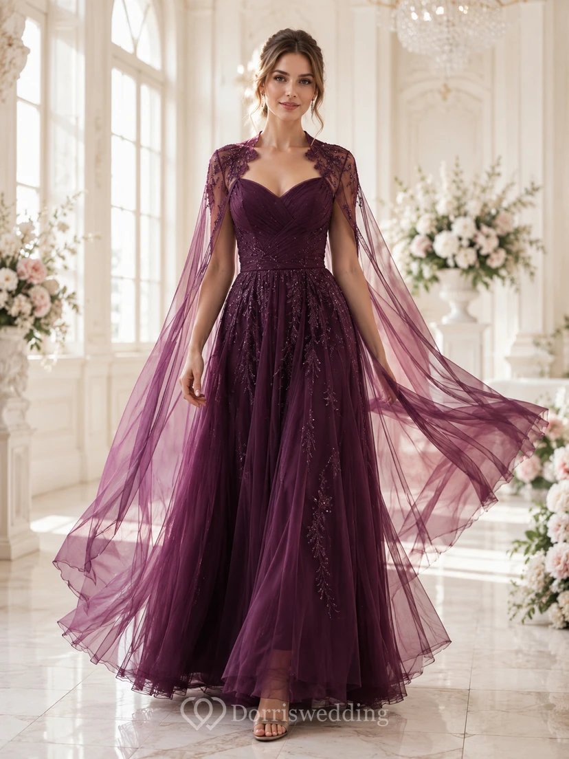 Plum Sweetheart High Neck Long Cape Lace Tulle Ball Gown Guest Dress
