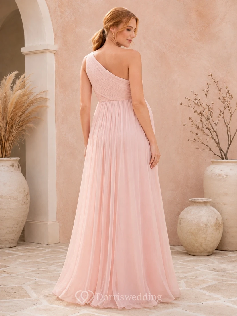 Elegante vestido de maternidad largo hasta el suelo, de gasa rosa rubor con un solo hombro y sin mangas, corte en A view 2