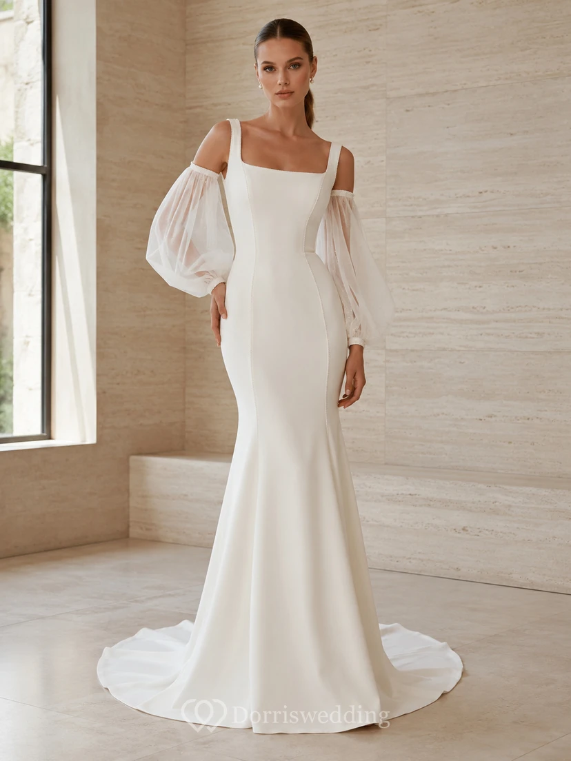 Robe de mariée sirène en satin à col carré et manches bouffantes, dos zippé, traîne courte moderne