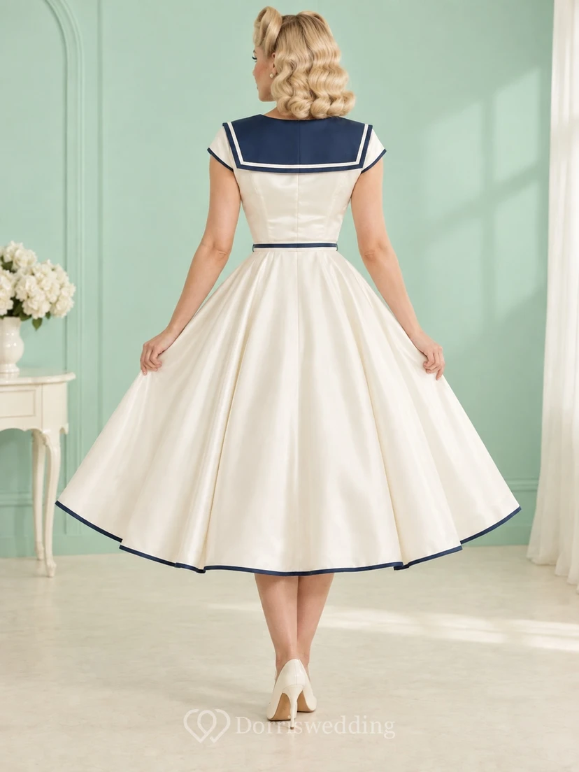 Vintage Teelänge, marineblauer Besatz, Matrosenkragen, kurze Ärmel, Gürtel, Satin, A-Linien-Brautkleid view 2