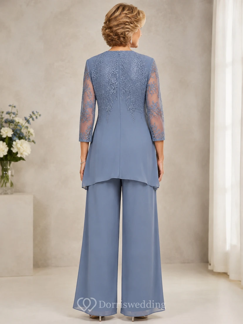 Steel Blue Lace Jacket Mother Pantsuit Steel Blue Scoop Jewel Jumpsuit Ankle-length view 2