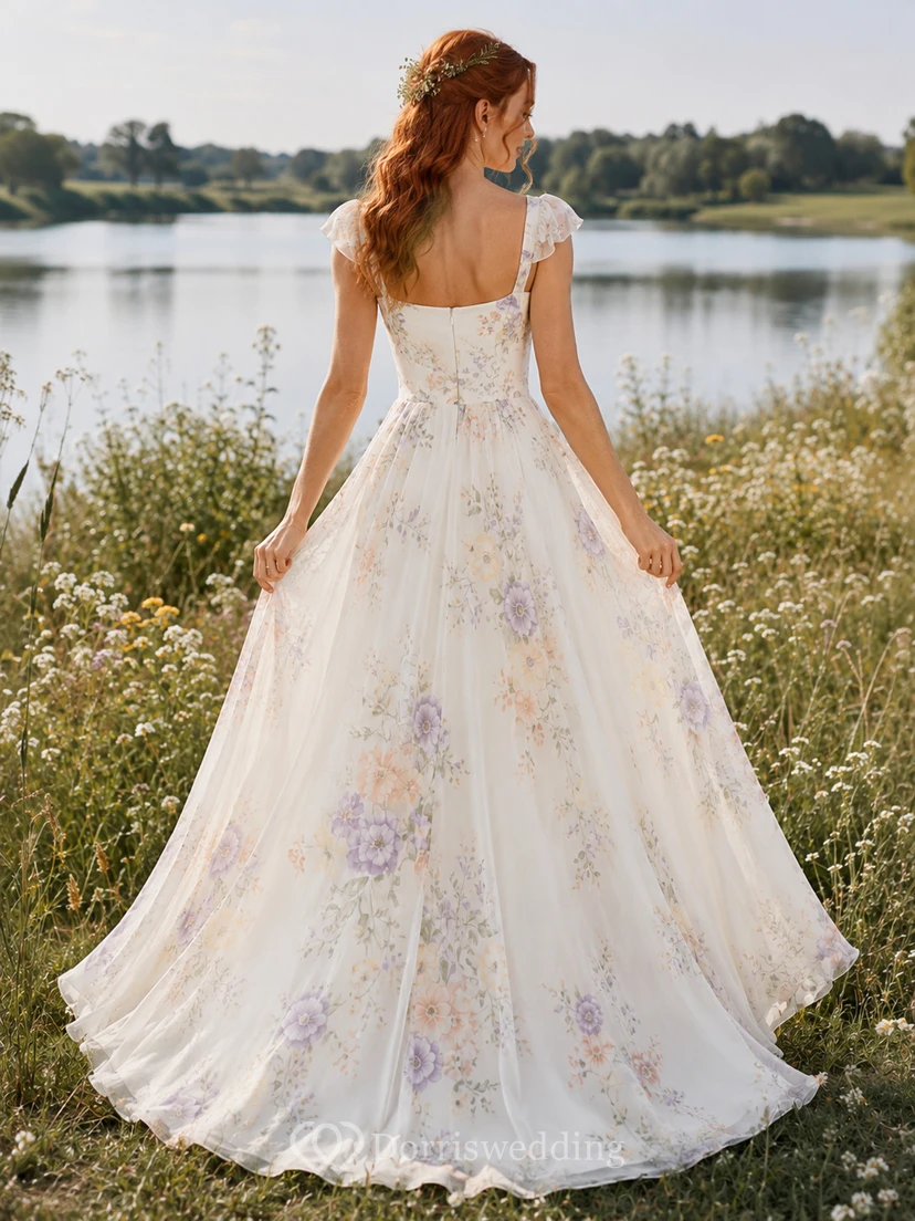 Vestido de té de gasa con estampado floral y escote cuadrado para la orilla del lago view 2