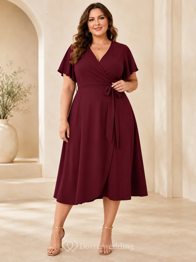 Vestido de cóctel de gasa color burdeos de talla grande, largo hasta la rodilla y escote en V, para invitadas de recepción.
