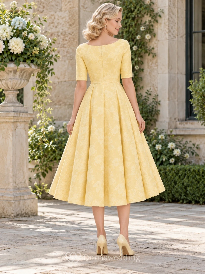 1940s Daffodil Bateau Elbow Sleeve Lace Tea-Length Bridesmaid Dress view 2