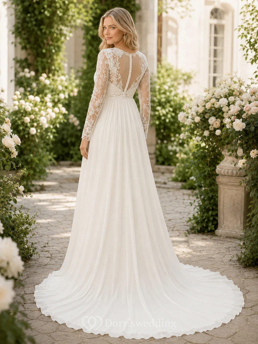 Maternity Wedding Dress Long Sleeve Lace Bodice Chiffon A-Line Gown with Keyhole Back view 2