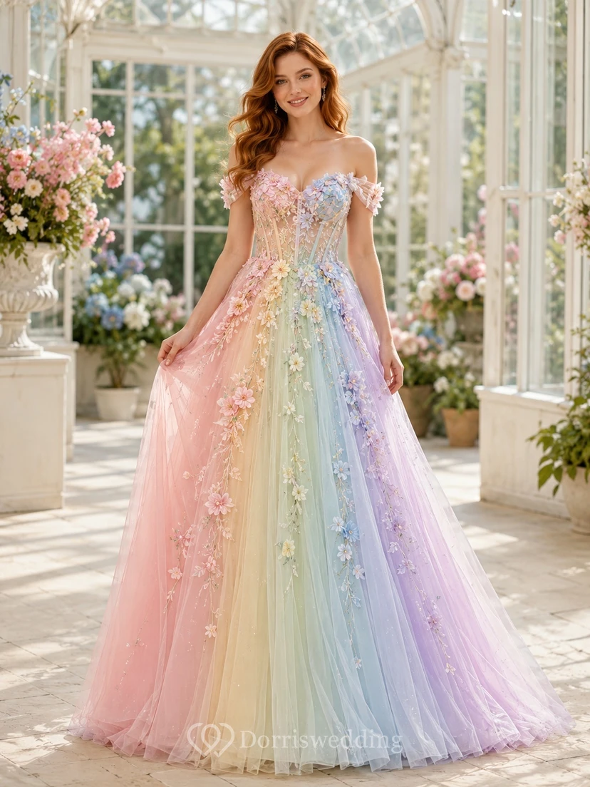Pastel Rainbow Off-Shoulder Floral Tulle Ball Gown Floor-Length Prom Dress