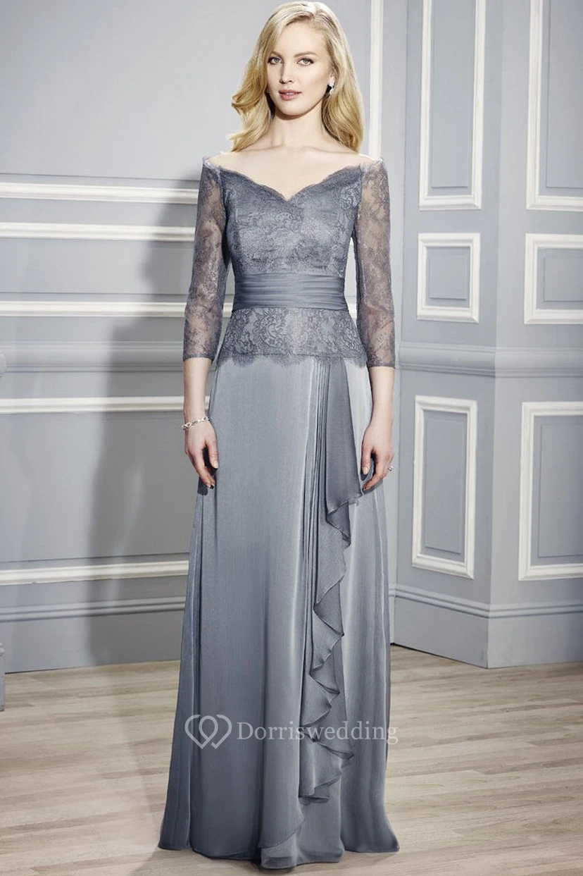 3-4 Ärmel, V-Ausschnitt, appliziertes Jersey-Abendkleid mit Drapierung