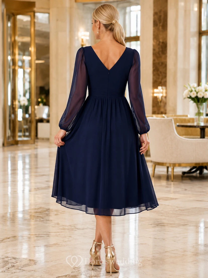 Dark Navy Mesh Sleeve Chiffon Midi Dress view 2