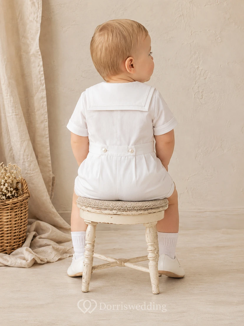 White Sailor Bib Double Button Short Sleeve Christening Romper for Baby Boy view 2