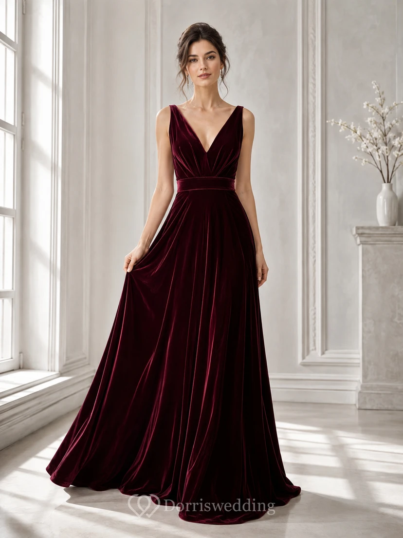 Burgunderrotes, trägerloses A-Linien-Abendkleid aus Samt mit V-Ausschnitt und bodenlangem Rock