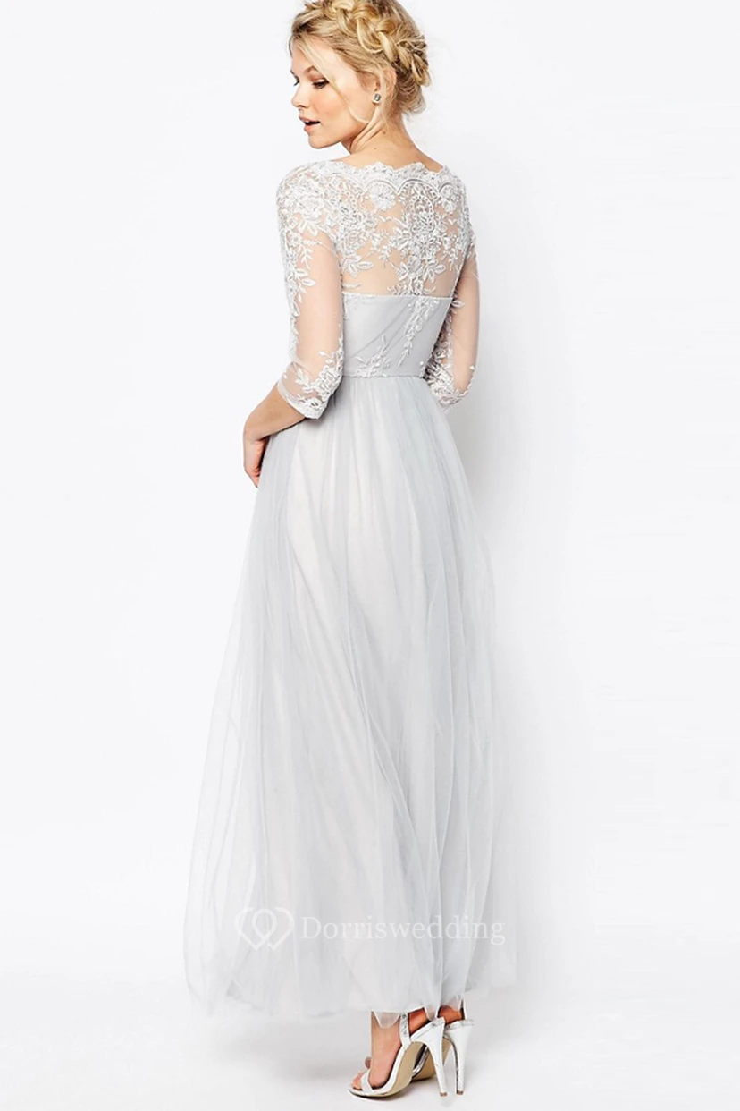 Ankle-Length Appliqued Bateau Neck Half Sleeve Tulle Bridesmaid Dress view 2