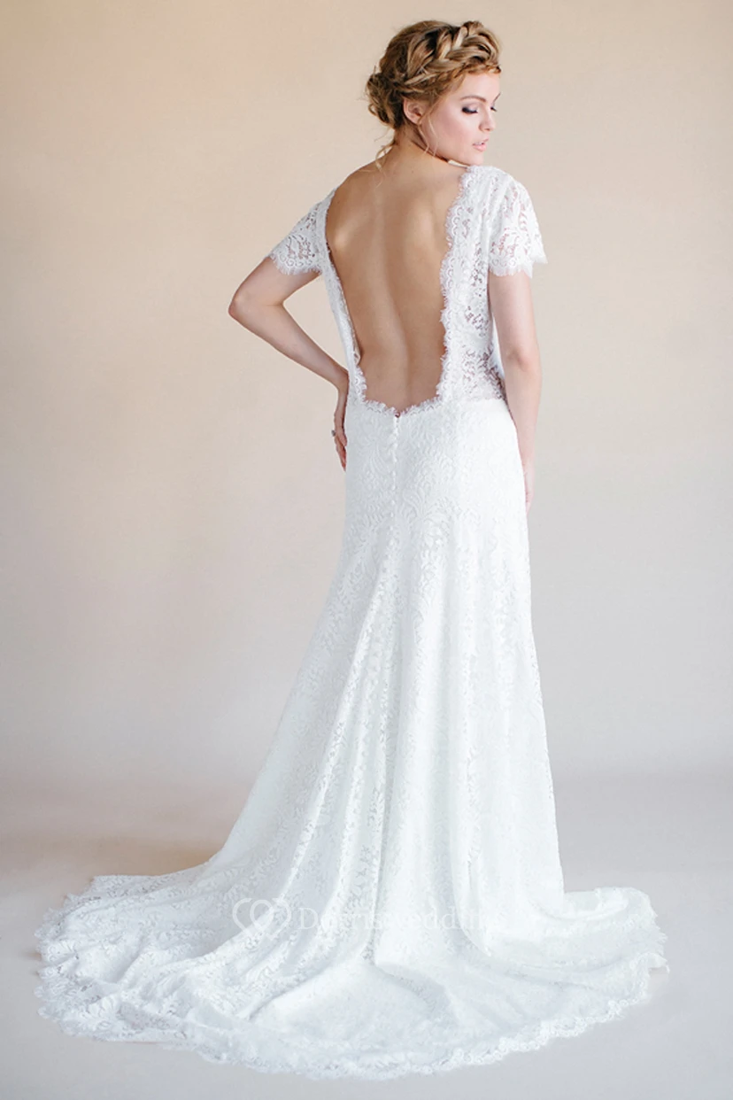 Short-Sleeve V-Neck Lace Wedding Dress With Backless Design view 2
