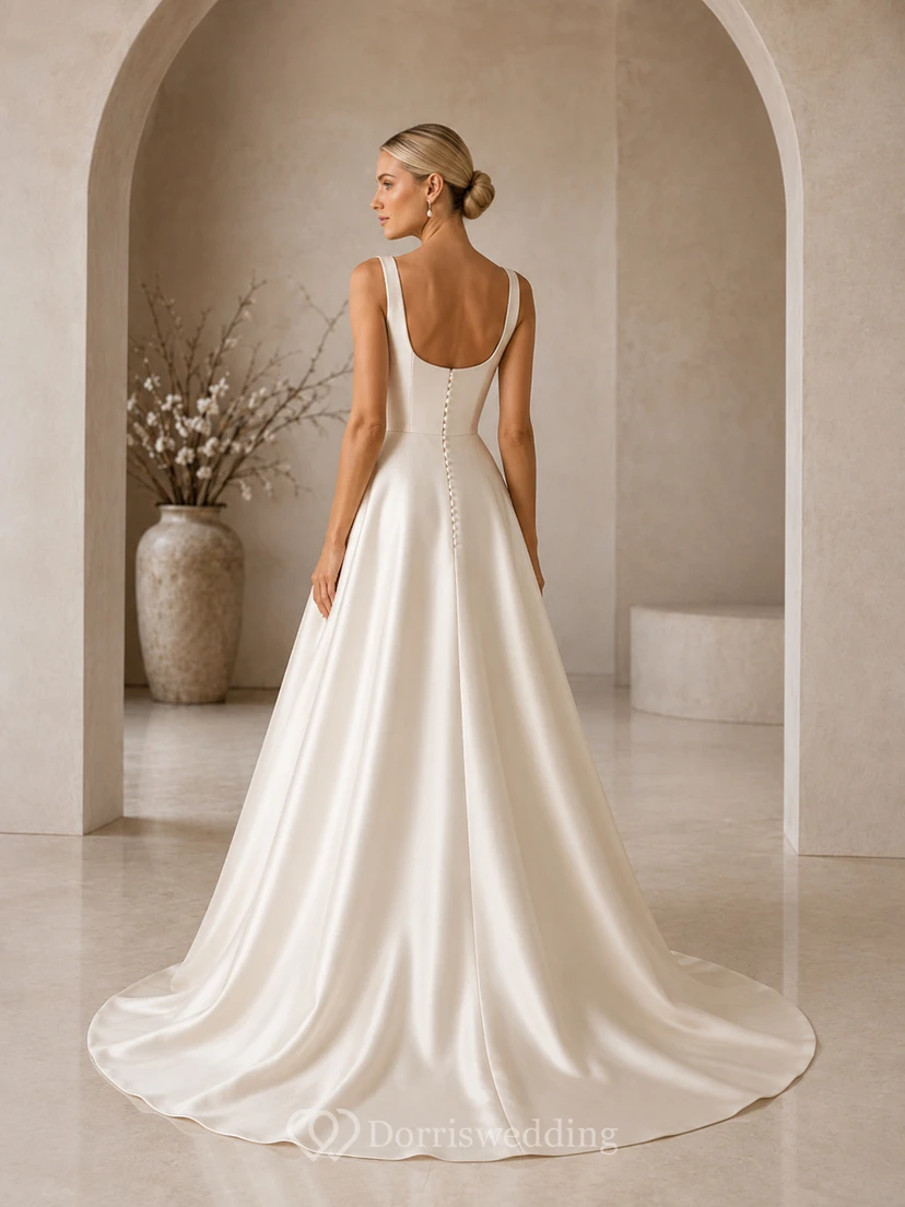 Champagne Square Neck Sleeveless Satin A Line Bridal Gown view 2