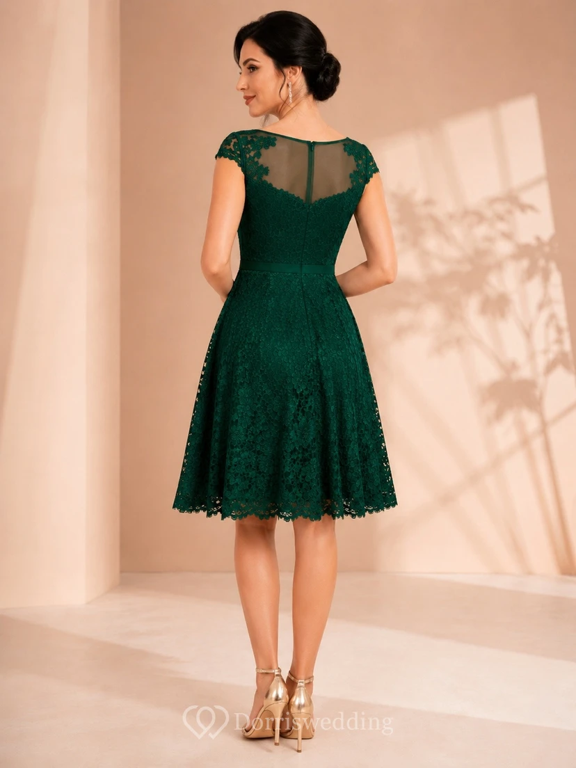 Dark Green Lace Cap Sleeve A-Line Knee Length Cocktail Dress view 2