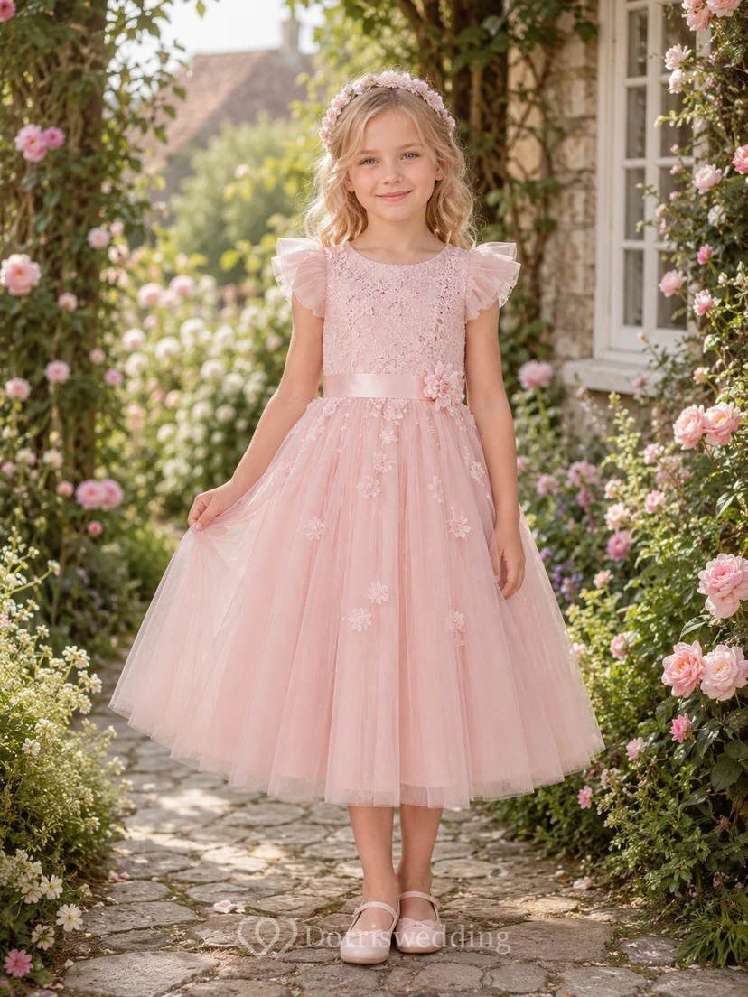 Blumenmädchenkleid aus rosafarbener Spitze und Tüll, A-Linie, Rundhalsausschnitt, Teelänge