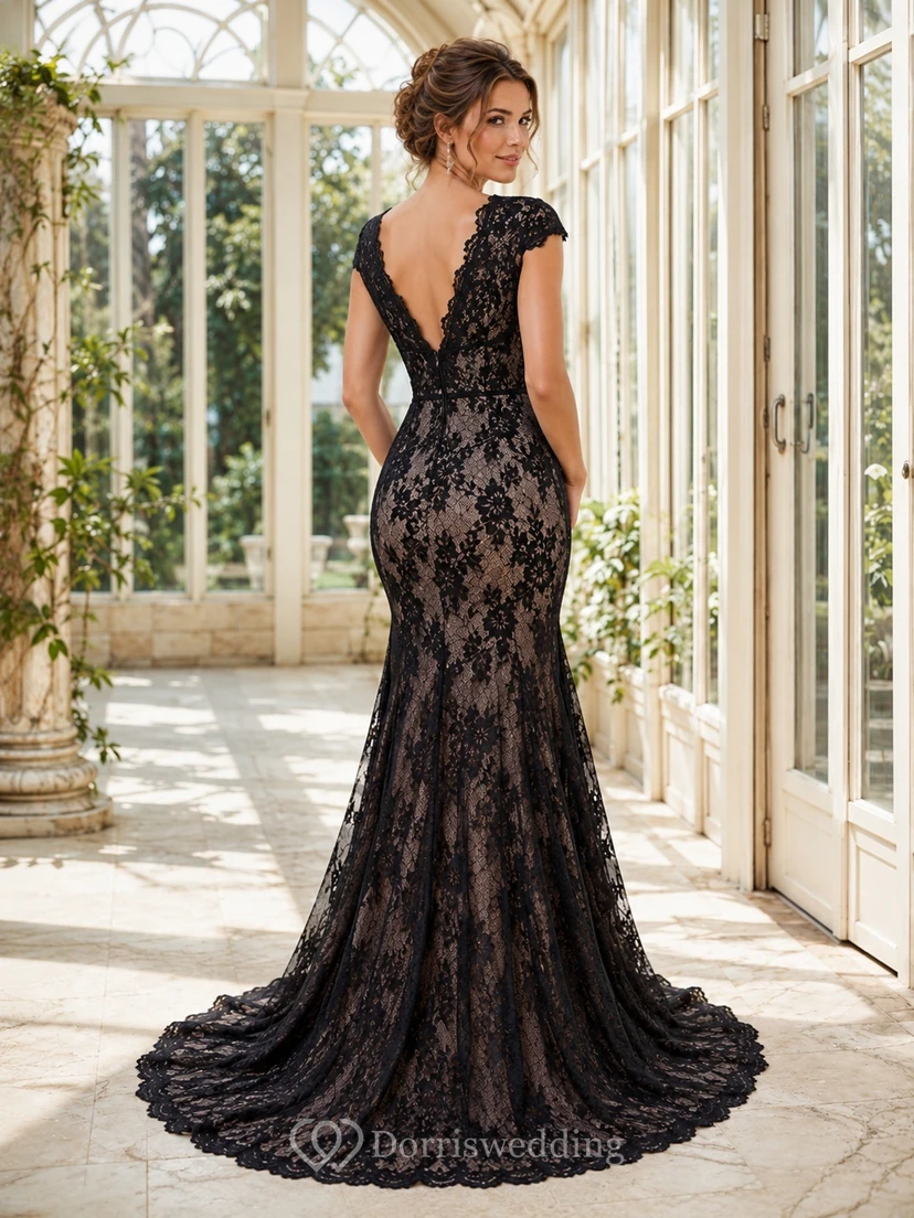 Black Lace V-neck Cap Sleeve Mermaid Floor-length Evening Gown with Sweep view 2