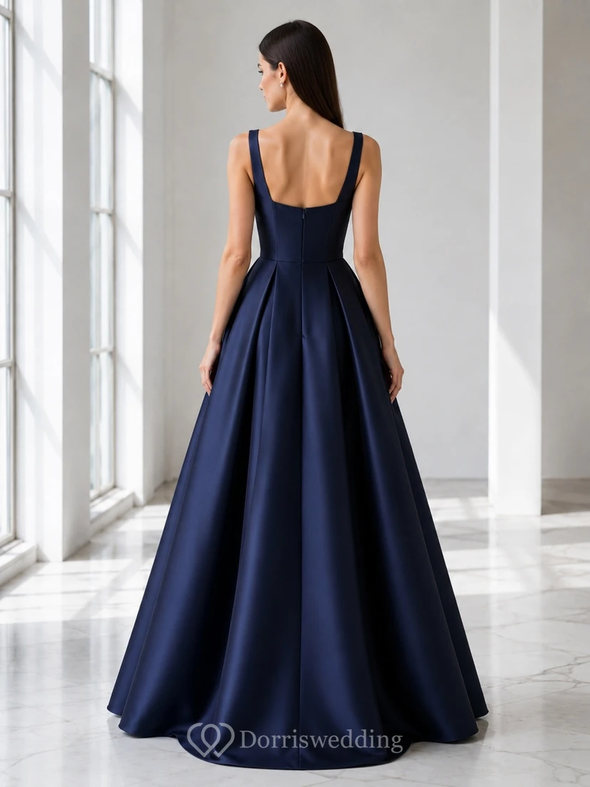 Vestido de gala sin mangas con tirantes y escote cuadrado de satén azul marino oscuro view 2