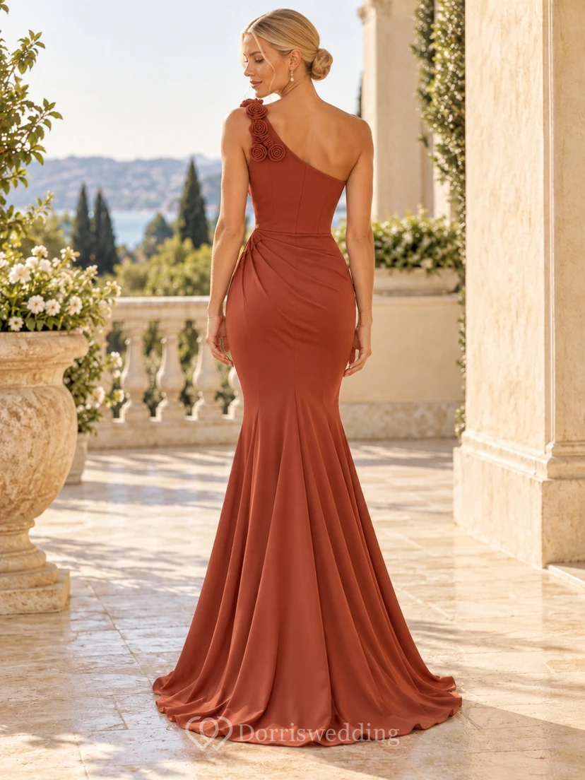 Terracotta One Shoulder Floral Slit Mermaid Formal Evening Gown view 2