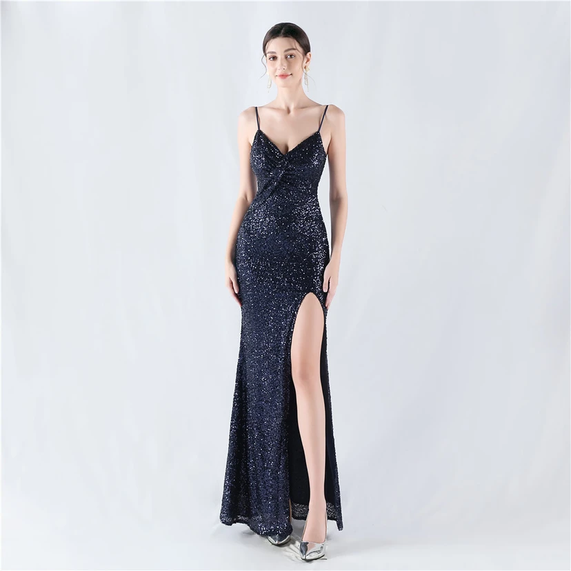 Robe de soirée sexy à sequins et fente haute, avec bretelles et encoche cryptée view 10
