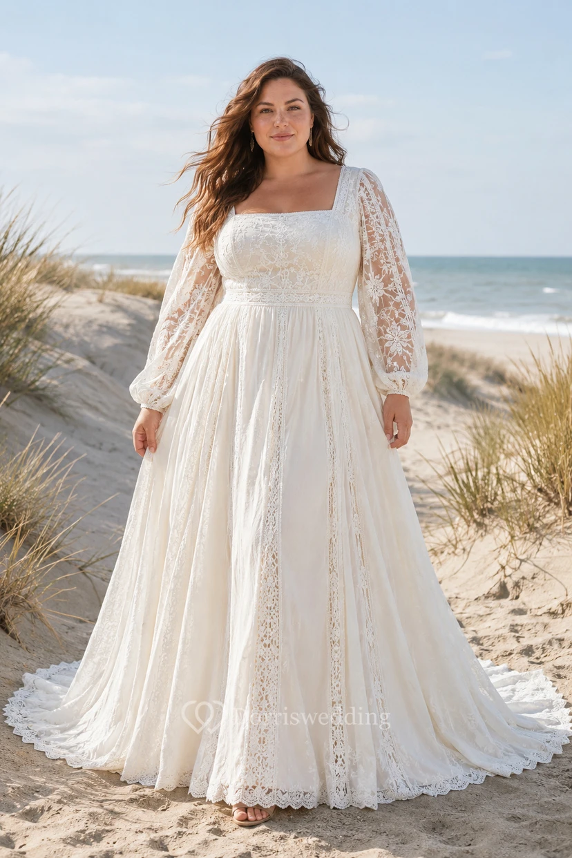Plus Size Square Neck Empire Chiffon Wedding Dress with Long Lace Sleeves