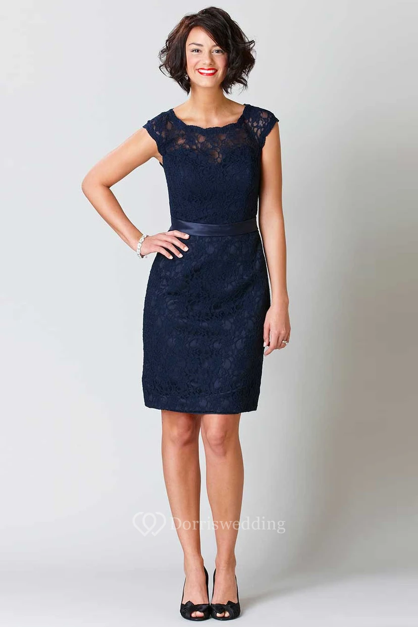 Pencil Sleeveless Short Scoop-Neck Lace Bridesmaid Dress With Ribbon And Keyhole
