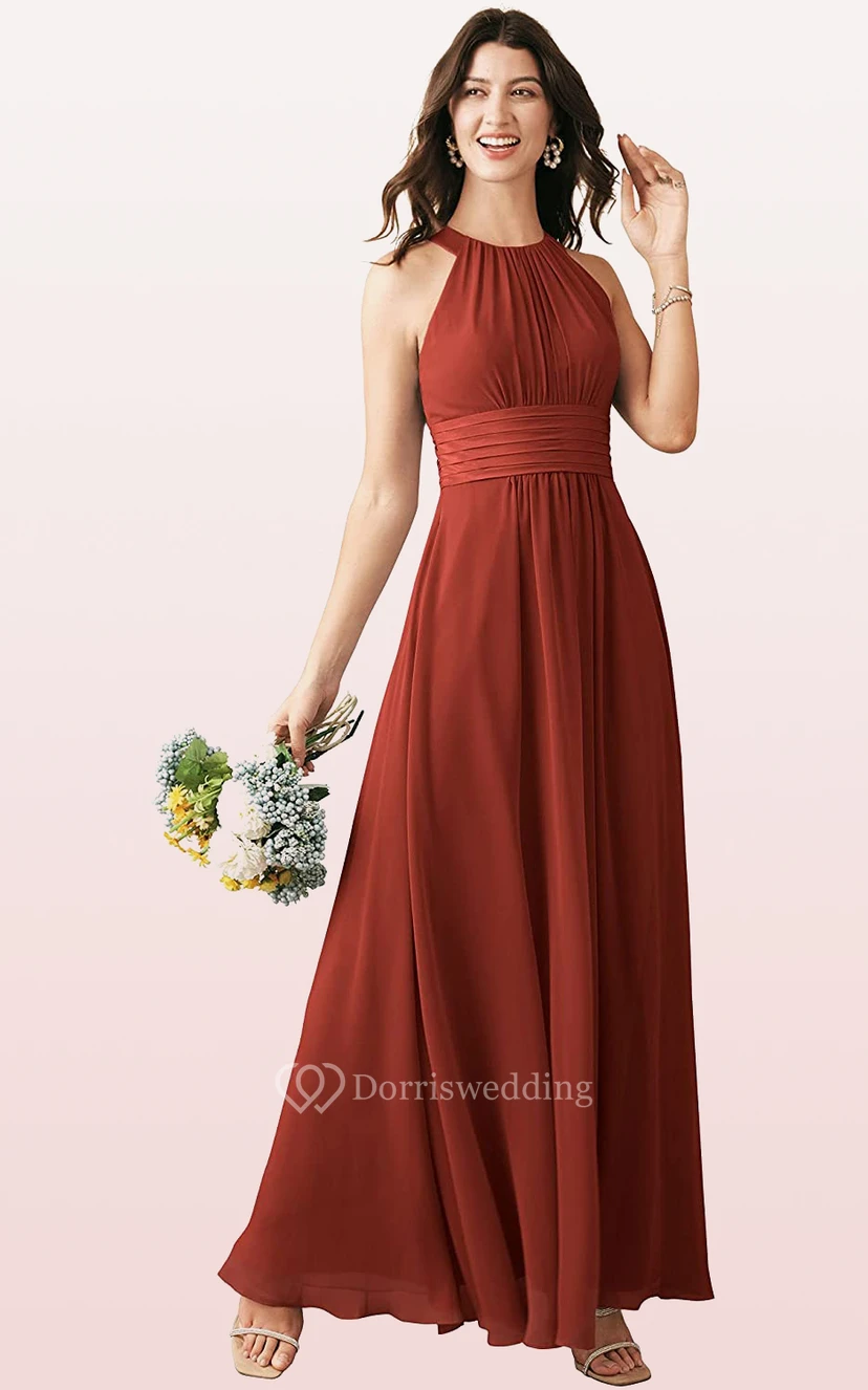 Modern Halter A Line Sleeveless Ankle-length Chiffon Bridesmaid Dress With Ruching view 9