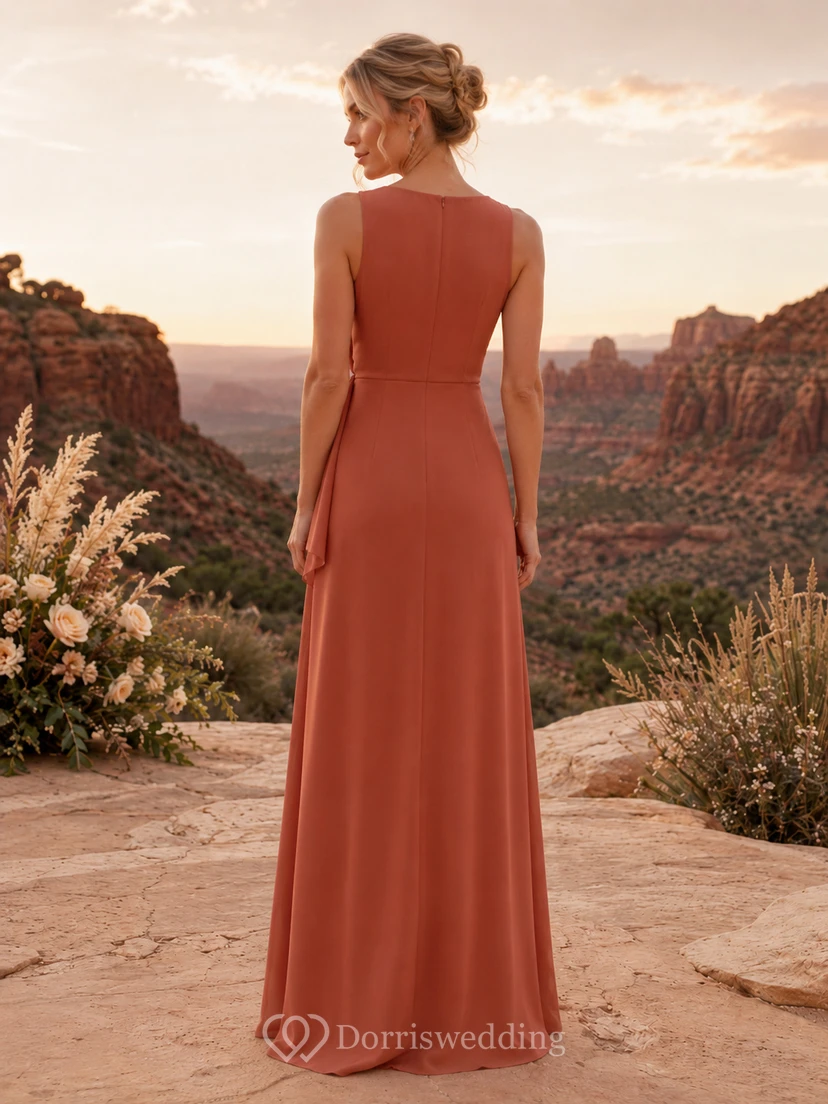 Terracotta sleeveless wrap chiffon floor length bridesmaid dress view 2