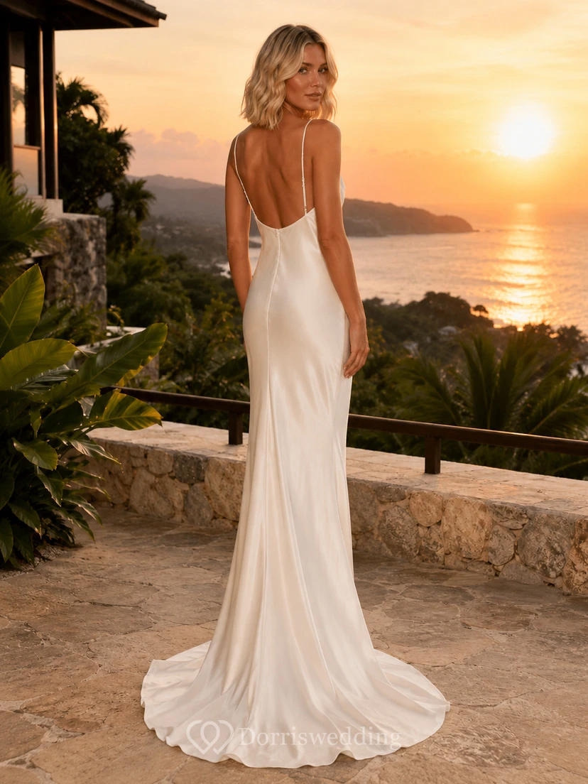 Robe de mariée fourreau en satin à bretelles spaghetti et décolleté en V plongeant, idéale pour un mariage de destination. view 2