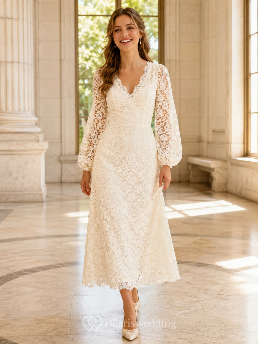 Vintage Courthouse V-Neck Long Illusion Sleeve Lace Tea Length A-Line Wedding Dress