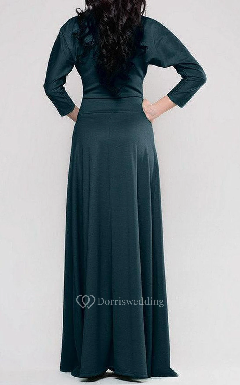Bateau 3-4 Bat-wing Sleeve A-line Jersey Long Dress With Pleats view 2