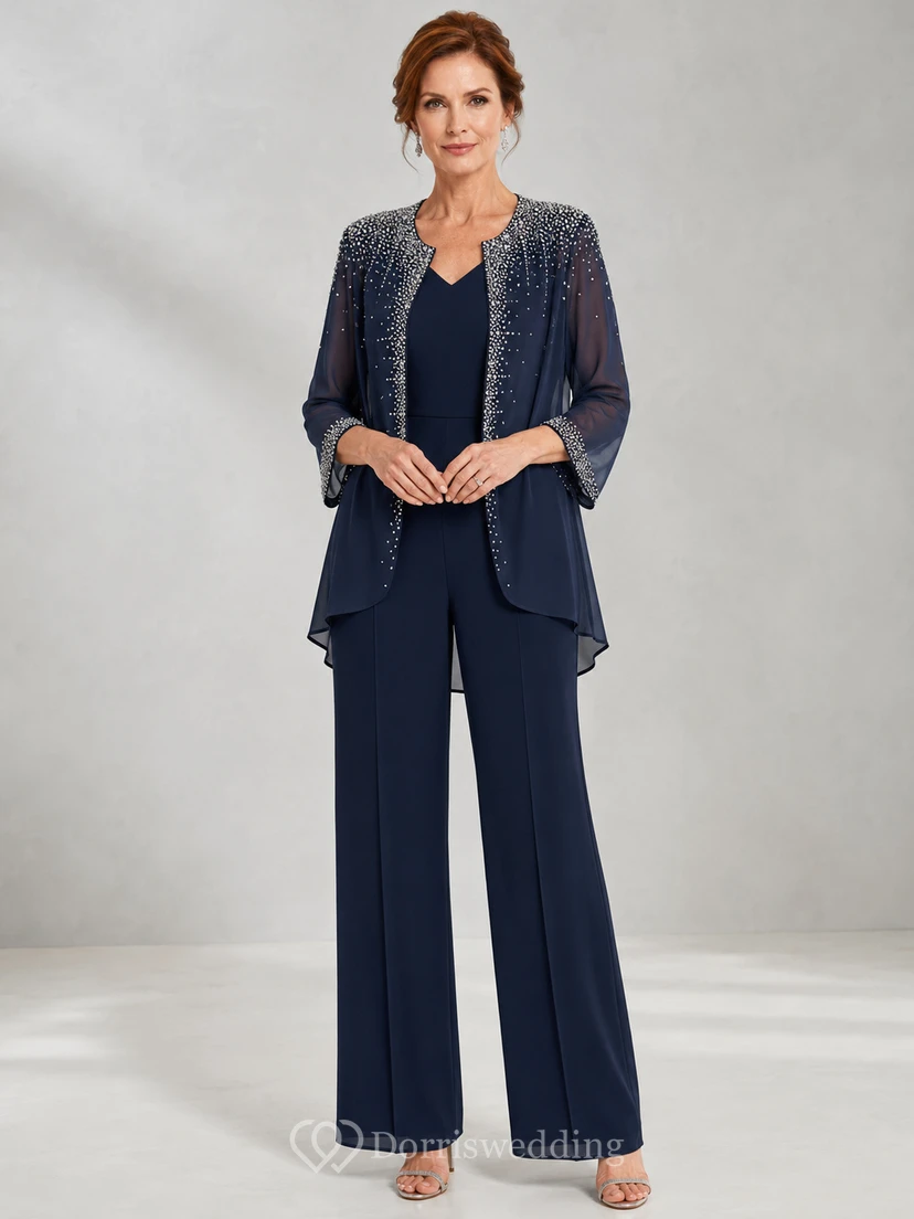 Ink Navy Mother Pantsuit with Sheer Chiffon Jacket, Sequin Top and Wide Leg Pants