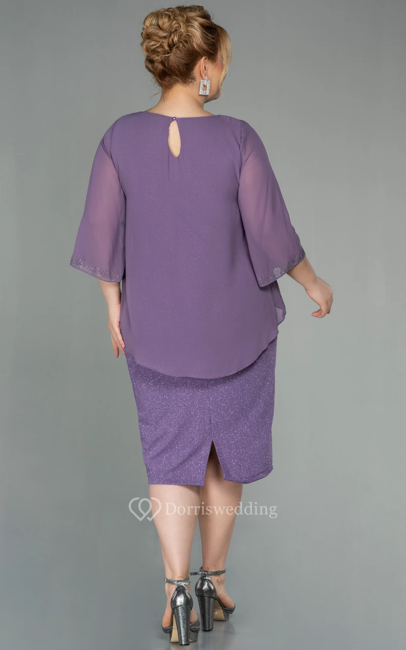 Bateau-neck Long Sleeve Pencil Knee-length Sequin Plus Size Mother of Bride Dress view 8