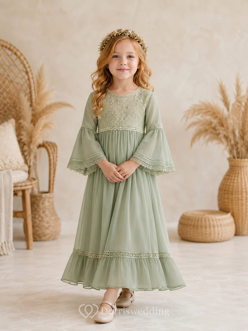 Salbeigrünes Boho-Kleid im Teelängen-A-Linien-Stil aus Chiffon mit Glockenärmeln und Spitze für Blumenmädchen
