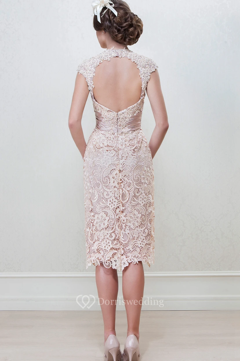 Pencil Knee-Length High Neck Appliqued Cap Sleeve Lace Mother Of The Bride Dress view 2