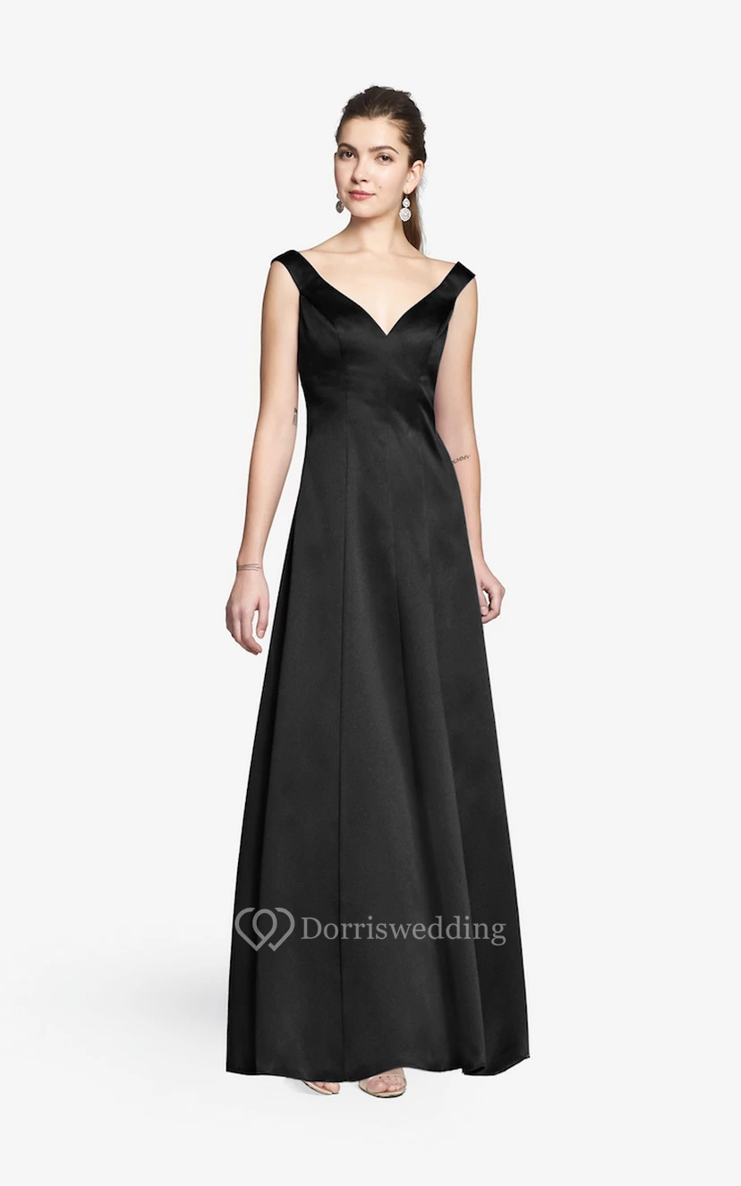 Simple V-neckline Floor-length Satin Dress With Cap Sleeves view 10
