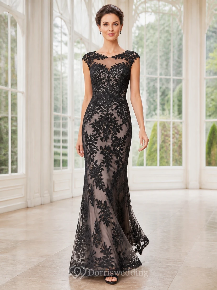 Black Sexy Sheath High Neck Cap Floral Lace Evening Dress
