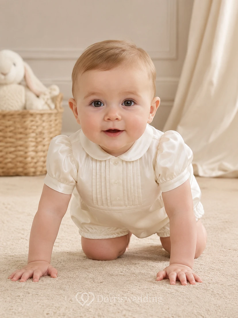 Elfenbeinfarbener Baby-Tauf-Strampler mit Spitze, Biesen und Puffärmeln für Jungen