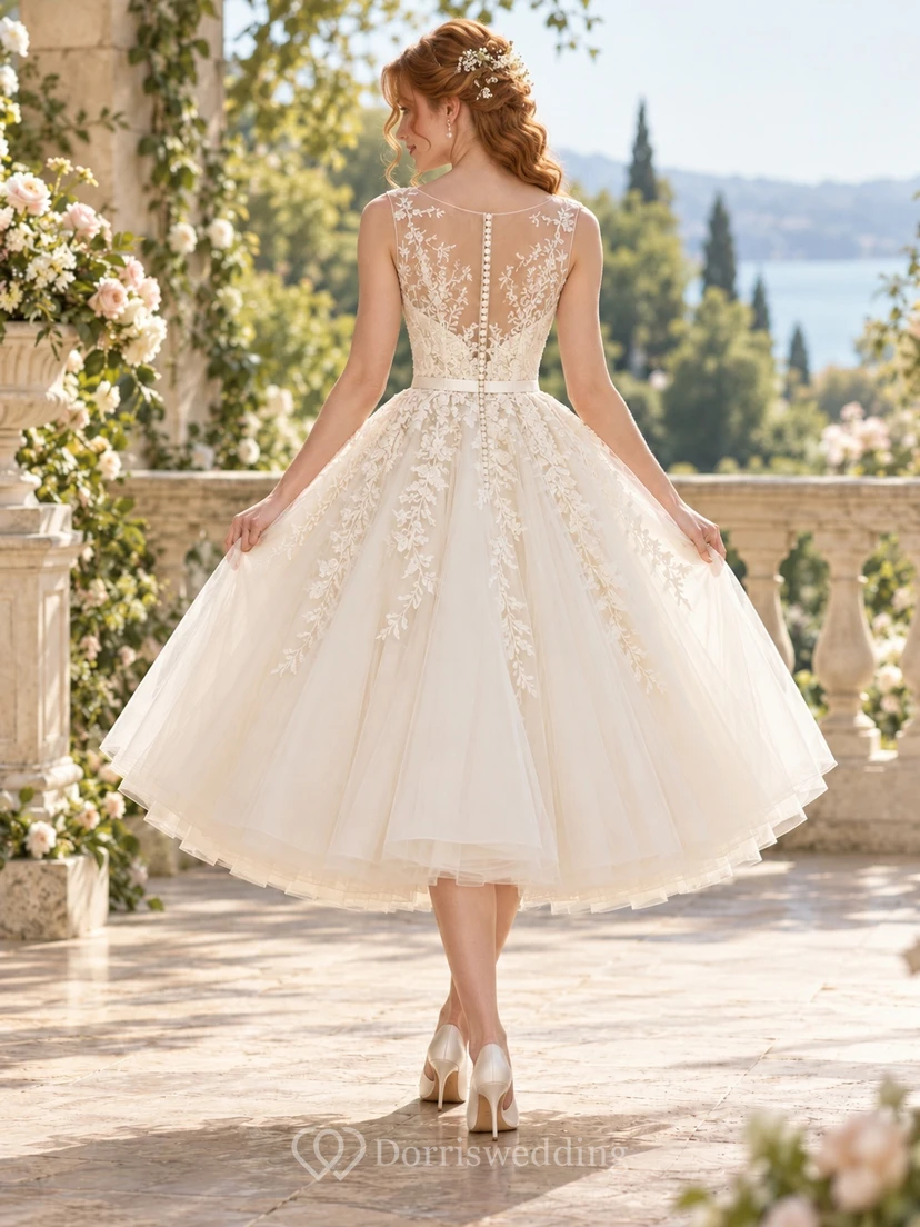 Vintage Tea-length Sleeveless Floral Tulle Illusion A-line Wedding Dress view 2