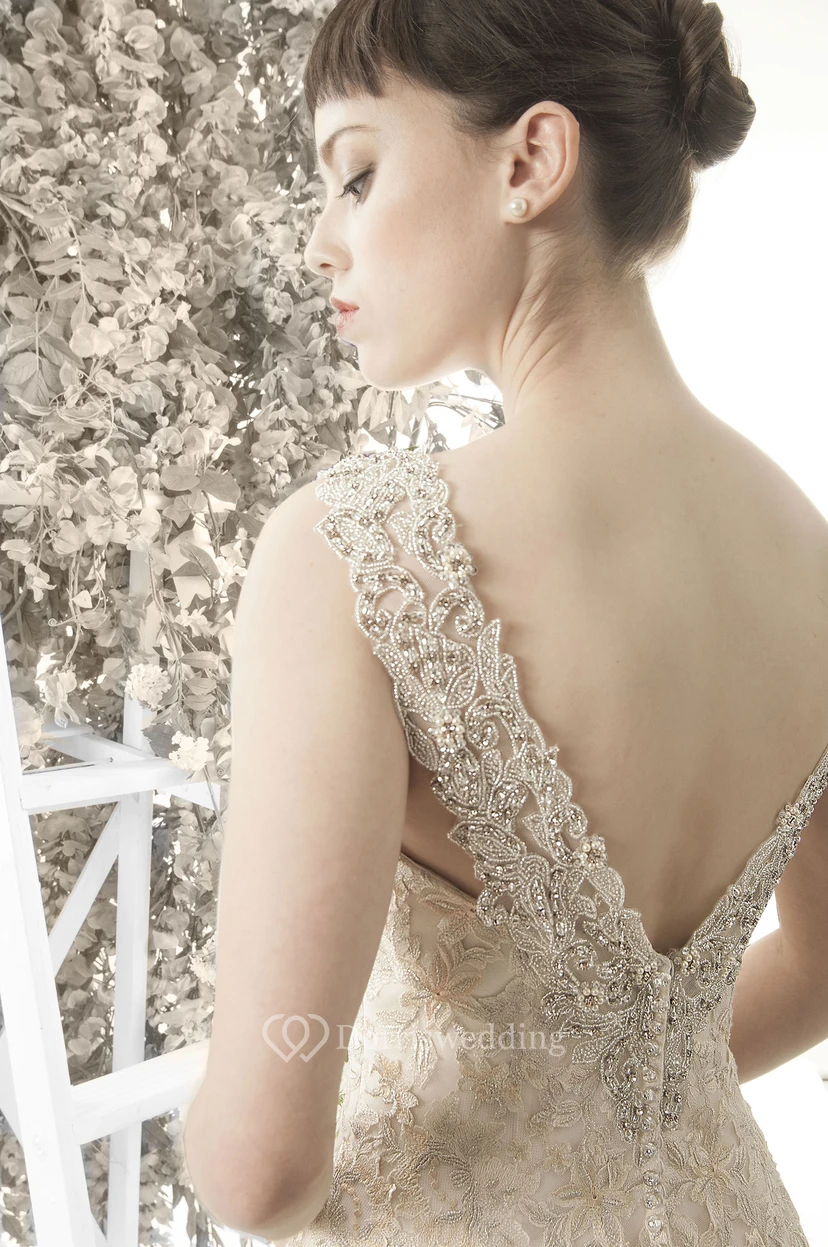 A-Line Floor-Length Appliqued Sleeveless Lace Wedding Dress With Low-V Back And Chapel Train view 2