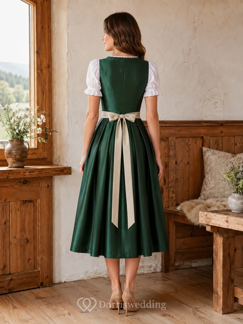 Grünes Dirndlkleid im Country-Vintage-Stil mit eckigem Ausschnitt, Teelänge und A-Linie view 2