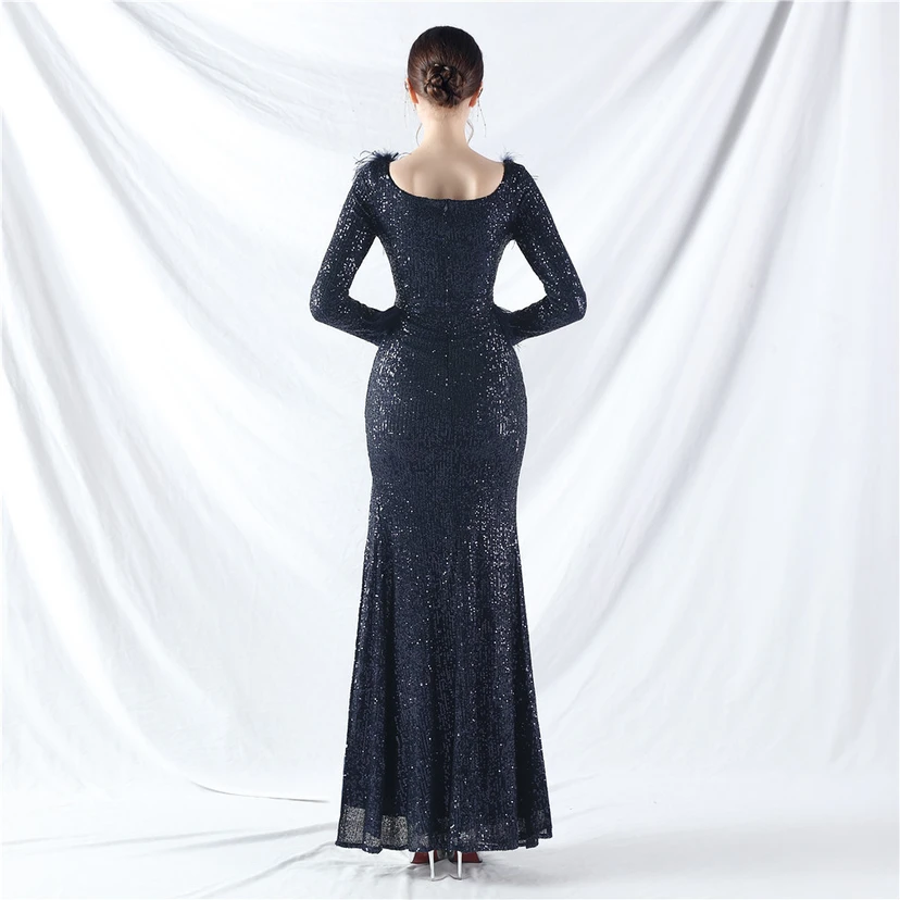 Craft-Made Ostrich Feather Long-Sleeved Beads Evening Dress view 72