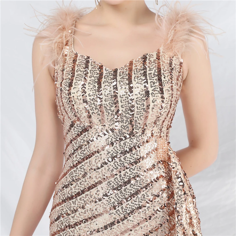 Evening Dress Craft Beaded Ostrich Feather Sequined Side Slit Evening Dress view 53