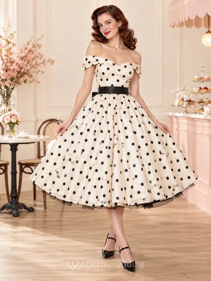 Vintage-Abendkleid in Teelänge, elfenbeinfarben, schulterfrei, mit Polka-Dots und Gürtel
