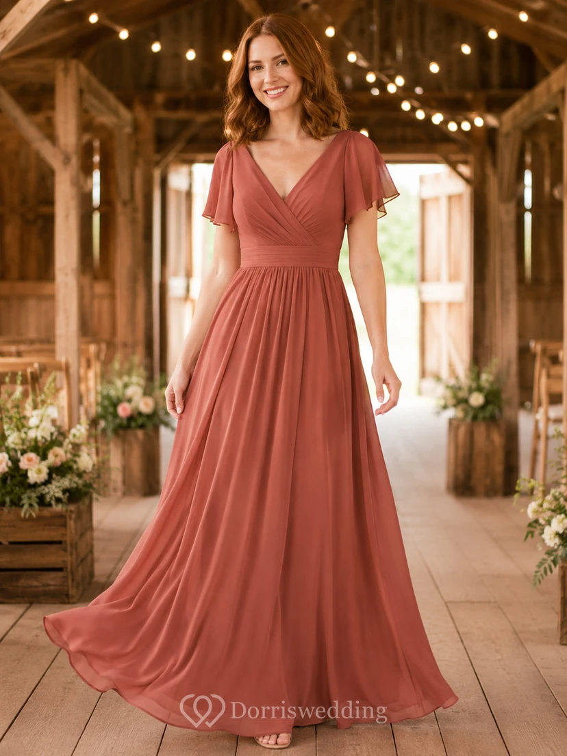 Terracotta Chiffon A-Line V-Neck Flutter Sleeve Pleated Low Back Floor-Length Bridesmaid Dress