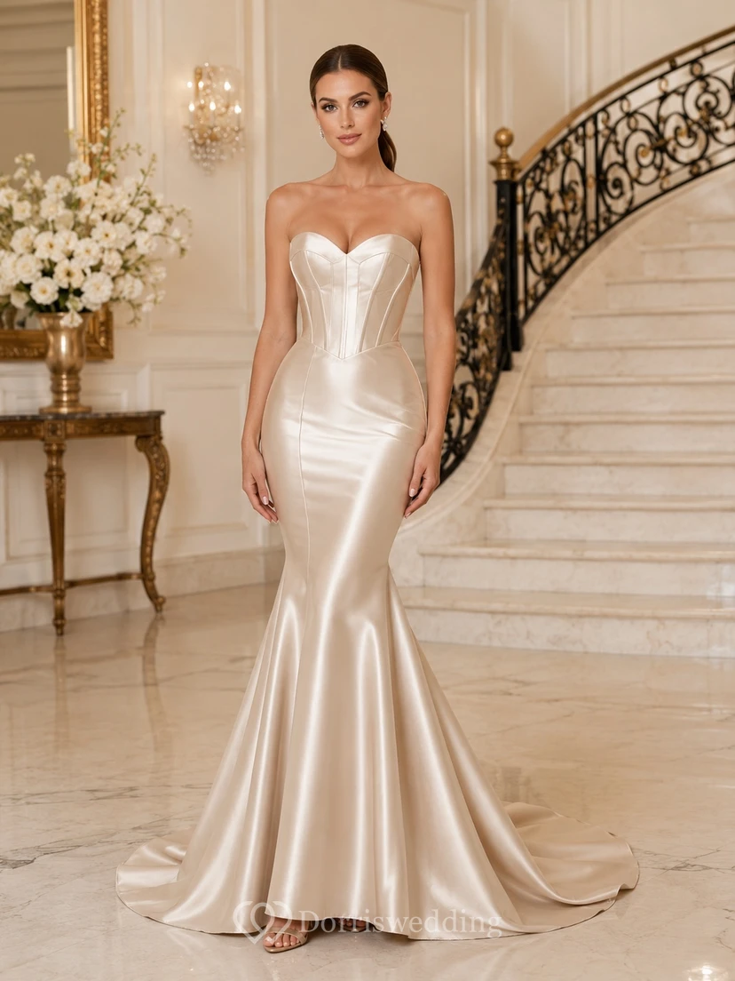 Weißes Abendkleid im Meerjungfrauenstil aus Satin mit Herzausschnitt und Kapellenschleppe, elegantes formelles Kleid